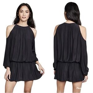 Ramy Brook Cold Shoulder Halter Silky Smocked Little Black Mini Dress